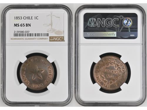 CHILE. 1 Centavo. 1853. NGC MS 65 BN. Anv.: Estrella de 5 pu