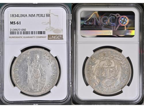 PERÚ. 8 Reales. 1834. LIMA. MM. NGC MS 61. Anv.: Escudo de P