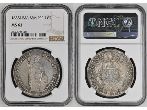 PERÚ. 8 Reales. 1835. LIMA. MM. NGC MS 62. Anv.: Escudo de P