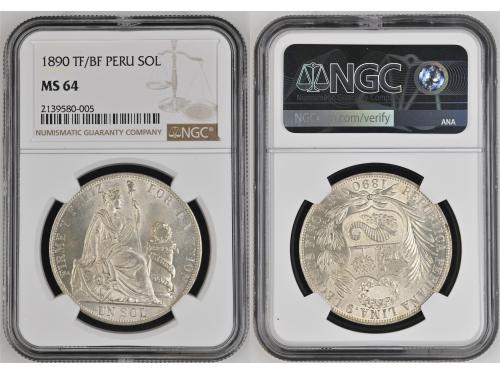 PERÚ. Sol. 1890. LIMA. TF/BF. NGC MS 64. Anv.: Escudo de Per