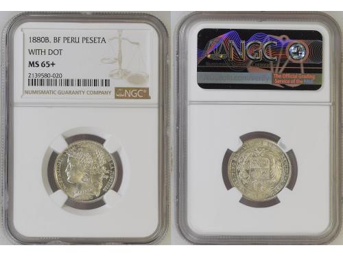 PERÚ. Peseta. 1880-B. LIMA. NGC MS 65+. Anv.: Escudo de Perú