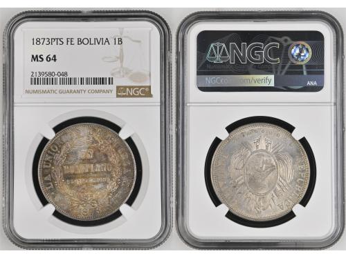 BOLIVIA. Boliviano. 1873. POTOSÍ. F.E. NGC MS 64. Anv.: Escu