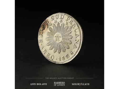 PERÚ. 2 Reales. 1838. AREQUIPA. Anv.: Sol radiante con cinco