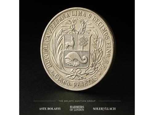PERÚ. 5 Pesetas. 1880. LIMA. B.F. Anv.: Escudo de Perú. Rev.