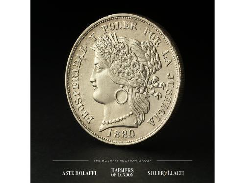 PERÚ. 5 Pesetas. 1880. LIMA. B.F. Anv.: Escudo de Perú. Rev.