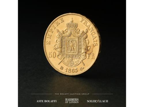 FRANCIA. 50 Francs. 1863-BB. NAPOLEÓN III. STRASBOURG. Anv.: