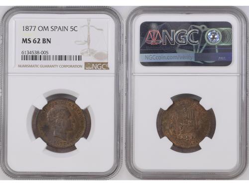 ALFONSO XII. 5 Céntimos. 1877. BARCELONA. O.M. NGC MS 62 BN.
