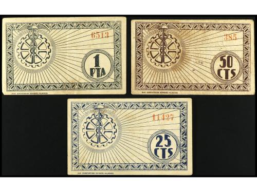 CASTILLA-LA MANCHA. Lote 3 billetes 25 y 50 Céntimos y 1 Pes