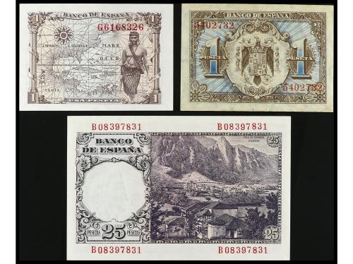 Lote 3 billetes 1 (2) y 25 Pesetas. 1940 a 1946. 1 Peseta 1 