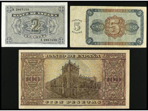 Lote 3 billetes 2, 5 y 100 Pesetas. 1938. 2 Pesetas 30 Abril