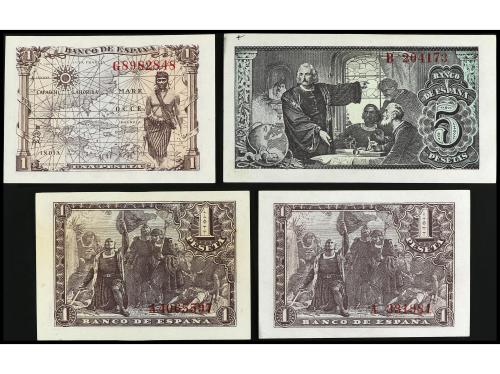 ESTADO ESPAÑOL. Lote 4 billetes 1 y 5 Pesetas. 1943 a 1945. 