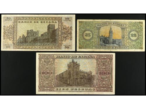 Lote 3 billetes 25, 50 y 100 Pesetas. 20 Mayo 1938. Giralda 