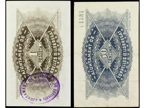 CATALUNYA. Lote 2 billetes 50 Cèntims y 1 Pesseta. 10 Maig 1