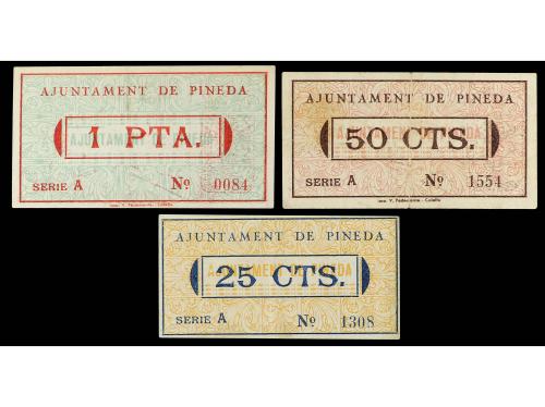 CATALUNYA. Lote 3 billetes 25, 50 Cèntims y 1 Pesseta. 20 No