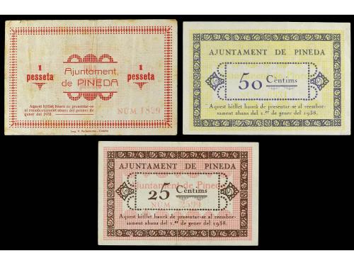 CATALUNYA. Lote 3 billetes 25, 50 Cèntims y 1 Pesseta. 17 Ju