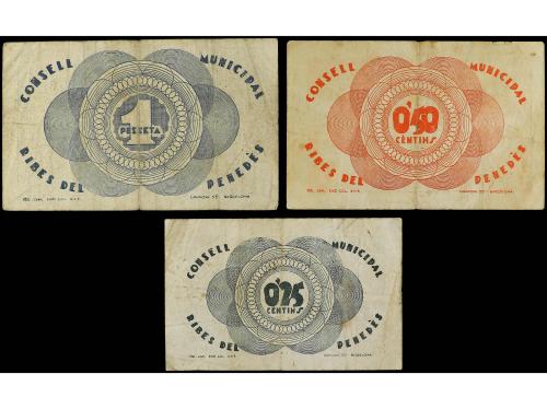 CATALUNYA. Lote 3 billetes 25, 50 Cèntims y 1 Pesseta. 22 Ma