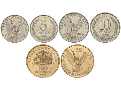 CHILE. Set 3 monedas 5, 10 y 100 Pesos. 1976. AU. 20,33 grs.