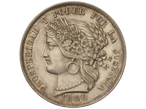 PERÚ. 5 Pesetas. 1880. LIMA. B.F. 24,92 grs. AR. Con punto d