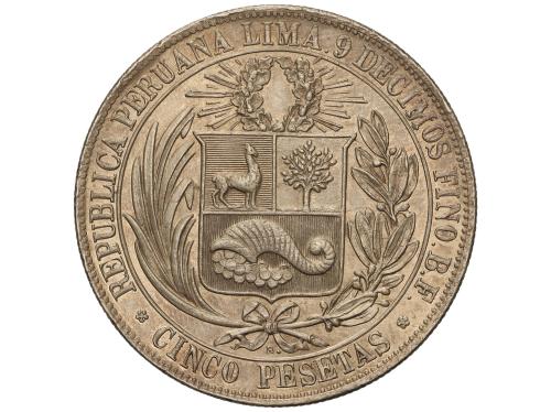 PERÚ. 5 Pesetas. 1880. LIMA. B.F. 24,92 grs. AR. Con punto d