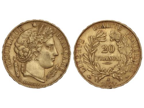 FRANCIA. 20 Francs. 1851-A. II REPUBLIQUE. PARÍS. 6,45 grs. 