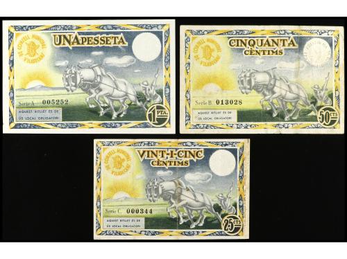 CATALUNYA. Lote 3 billetes 25, 50 Cèntims y 1 Pesseta. 14 Ma