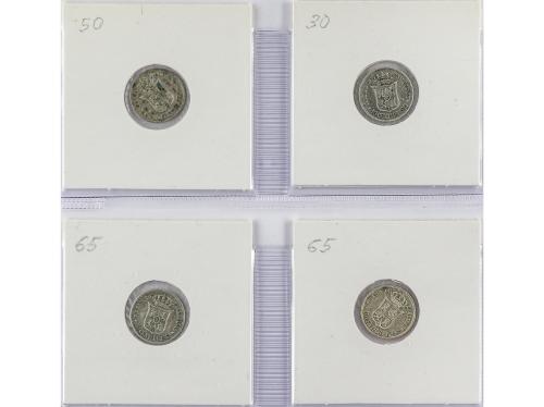 ISABEL II. Lote 4 monedas 10 Céntimos de Escudo. 1865 a 1868