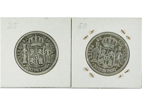 ISABEL II. Lote 2 monedas 50 Centavos de Peso. 1865 y 1868. 