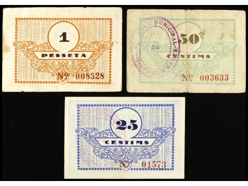 CATALUNYA. Lote 3 billetes 25, 50 Cèntims y 1 Pesseta. Aj. d