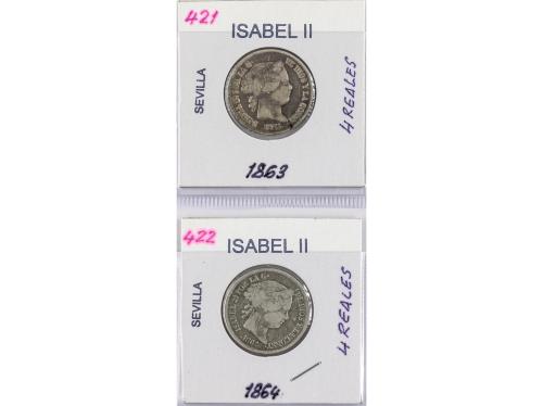 ISABEL II. Lote 14 monedas 4 Reales. 1837 a 1868. SEVILLA. T