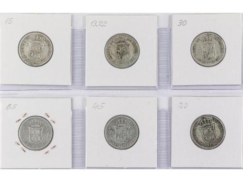 ISABEL II. Lote 6 monedas 40 Céntimos de Escudo. 1865 a 1868