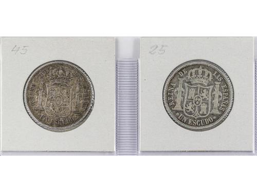 ISABEL II. Lote 2 monedas 1 Escudo. 1867 y 1868. MADRID. 12,