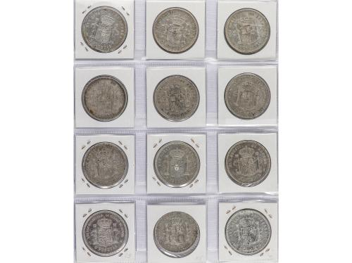 ALFONSO XII. Lote 12 monedas 5 Pesetas. 1875 a 1885. Todas d