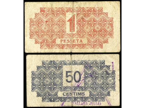 CATALUNYA. Lote 2 billetes 50 Cèntims y 1 Pesseta. C.M. d´IS