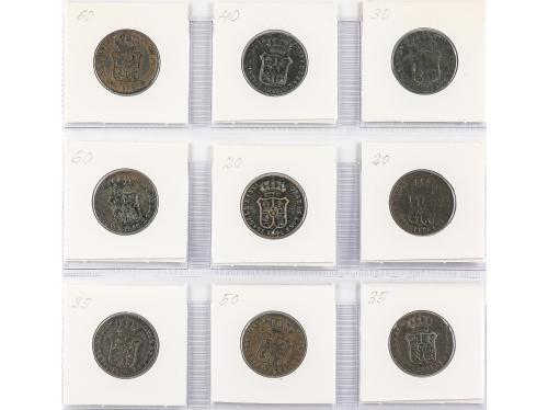 ISABEL II. Lote 9 monedas 3 Cuartos. 1836 a 1846. BARCELONA.