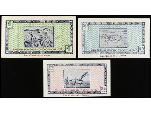 CATALUNYA. Lote 3 billetes 25, 50 Cèntims 1 Pesseta. 1er Jun