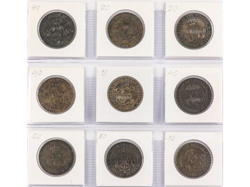 ISABEL II. Lote 9 monedas 5 Céntimos de Escudo. 1866 a 1868.