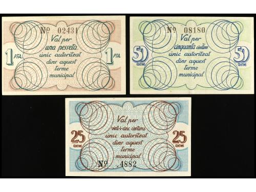 CATALUNYA. Lote 3 billetes 25, 50 Cèntims y 1 Pesseta. Aj. d