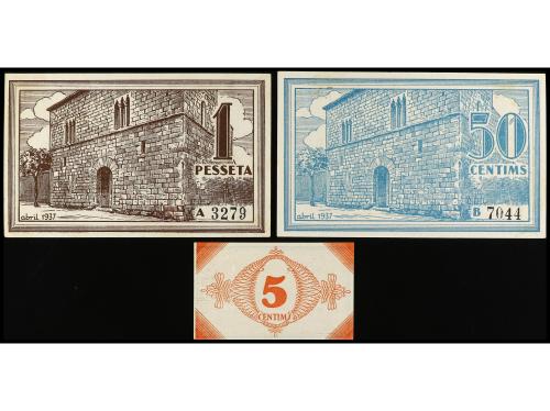 CATALUNYA. Lote 3 billetes 5, 50 Cèntims y 1 Pesseta. Abril 
