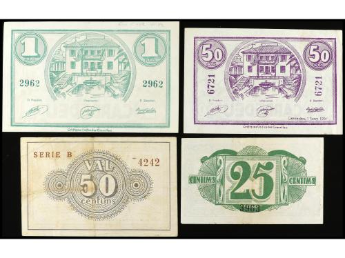 CATALUNYA. Lote 4 billetes 25, 50 Cèntims (2) y 1 Pesseta. J