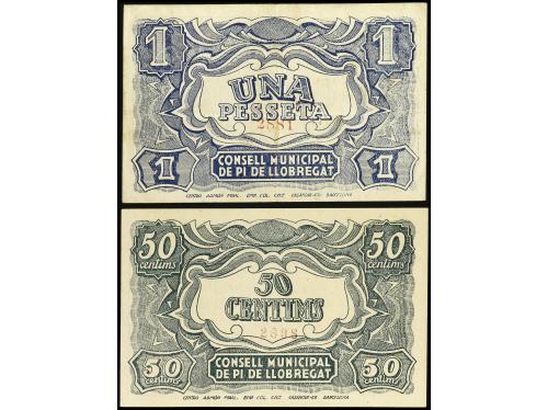CATALUNYA. Lote 2 billetes 50 Cèntims y 1 Pesseta. 19 Abril 