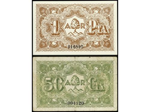 CATALUNYA. Lote 2 billetes 25 Cèntims y 1 Pesseta. 5 Abril 1