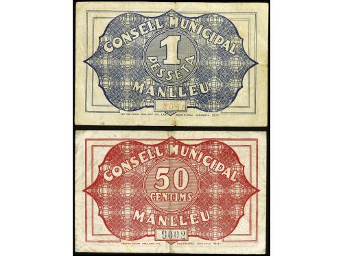 CATALUNYA. Lote 2 billetes 50 Cèntims y 1 Pesseta. 1 Maig 19