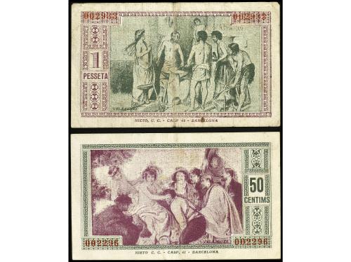 CATALUNYA. Lote 2 billetes 50 Cèntims y 1 Pesseta. 6 Juny 19