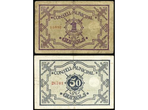 CATALUNYA. Lote 2 billetes 50 Cèntims y 1 Pesseta. Març i Ag