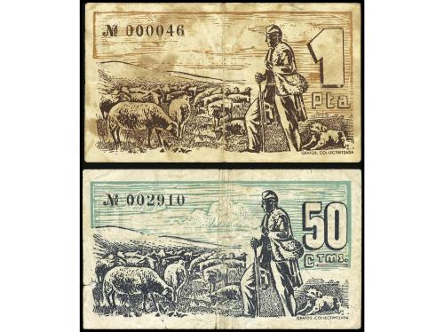 CATALUNYA. Lote 2 billetes 50 Cèntims y 1 Pesseta. Aj. de BO
