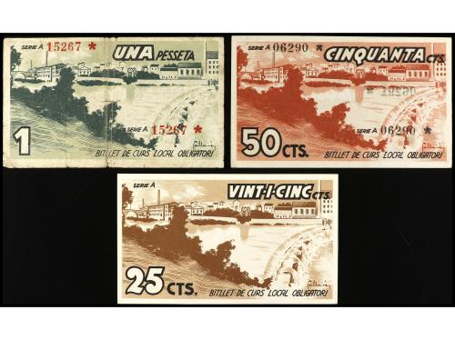 CATALUNYA. Lote 3 billetes 25, 50 Cèntims y 1 Pesseta. Maig 