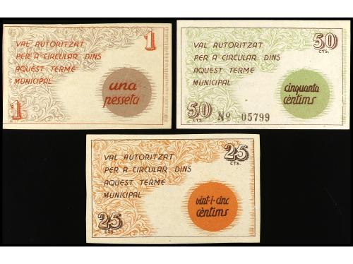 CATALUNYA. Lote 3 billetes 25, 50 Cèntims y 1 Pesseta. Aj. d