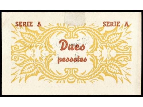 CATALUNYA. 2 Pessetes. Aj. de LILLA. (Adhesivo en reverso). 