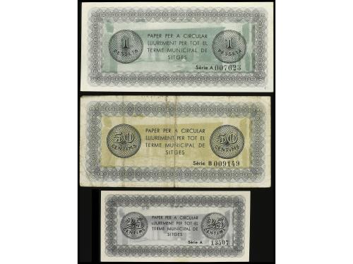 CATALUNYA. Lote 3 billetes 25, 50 Cèntims y 1 Pesseta. 1 Jun