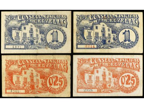 CATALUNYA. Lote 4 billetes 0, 25 Cèntims (2) y 1 Pesseta (2)